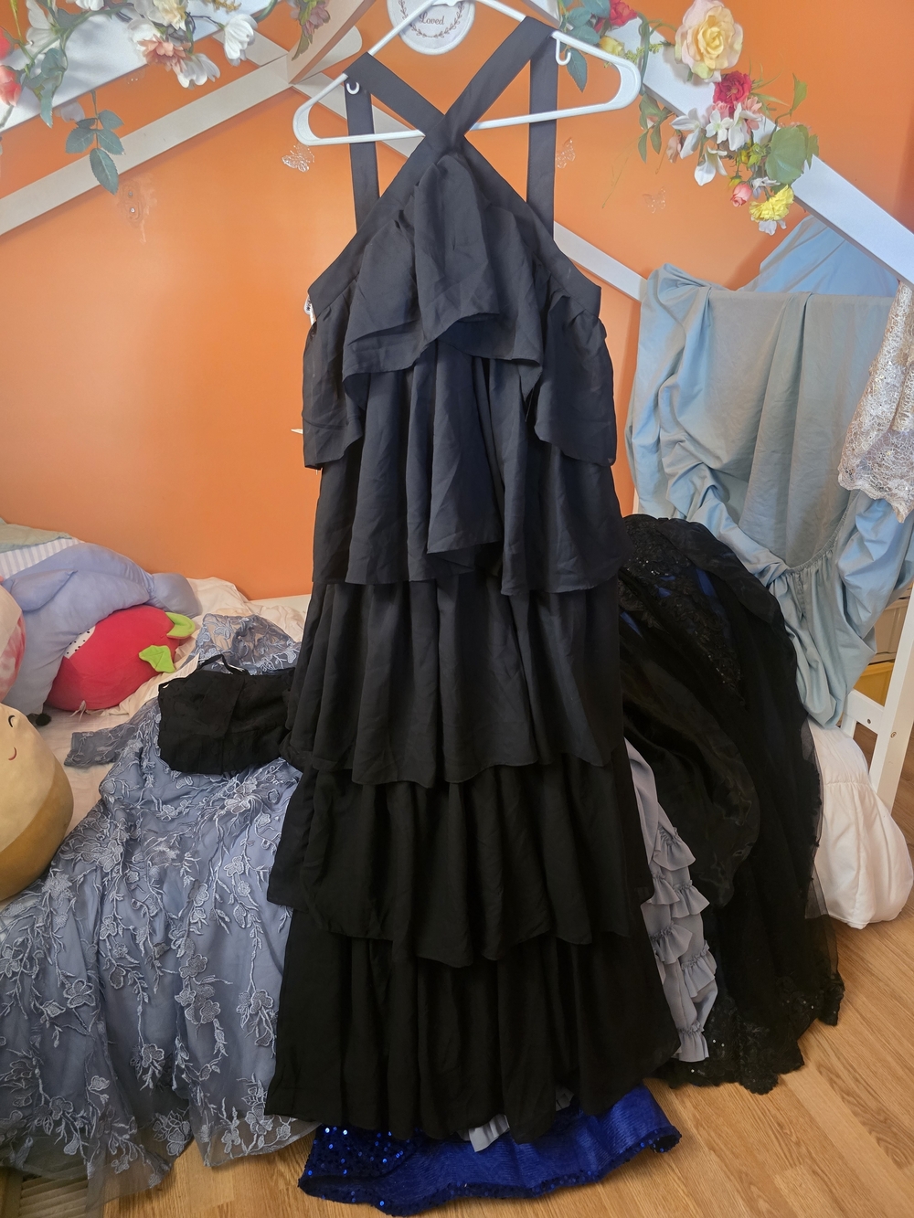 Black Tiered Ruffle Cross Back Strap Dress